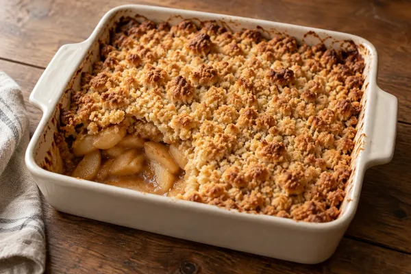 Golden apple crumble in a square baking dish with tender sliced apples visible