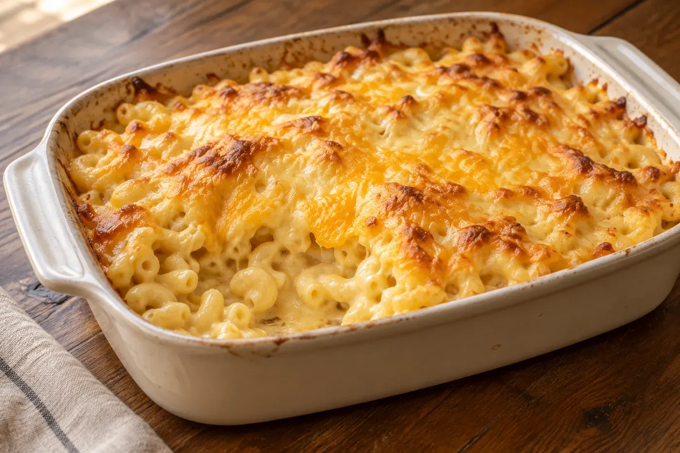 Elbow macaroni with a lightly browned cheese top in a cream baking dish