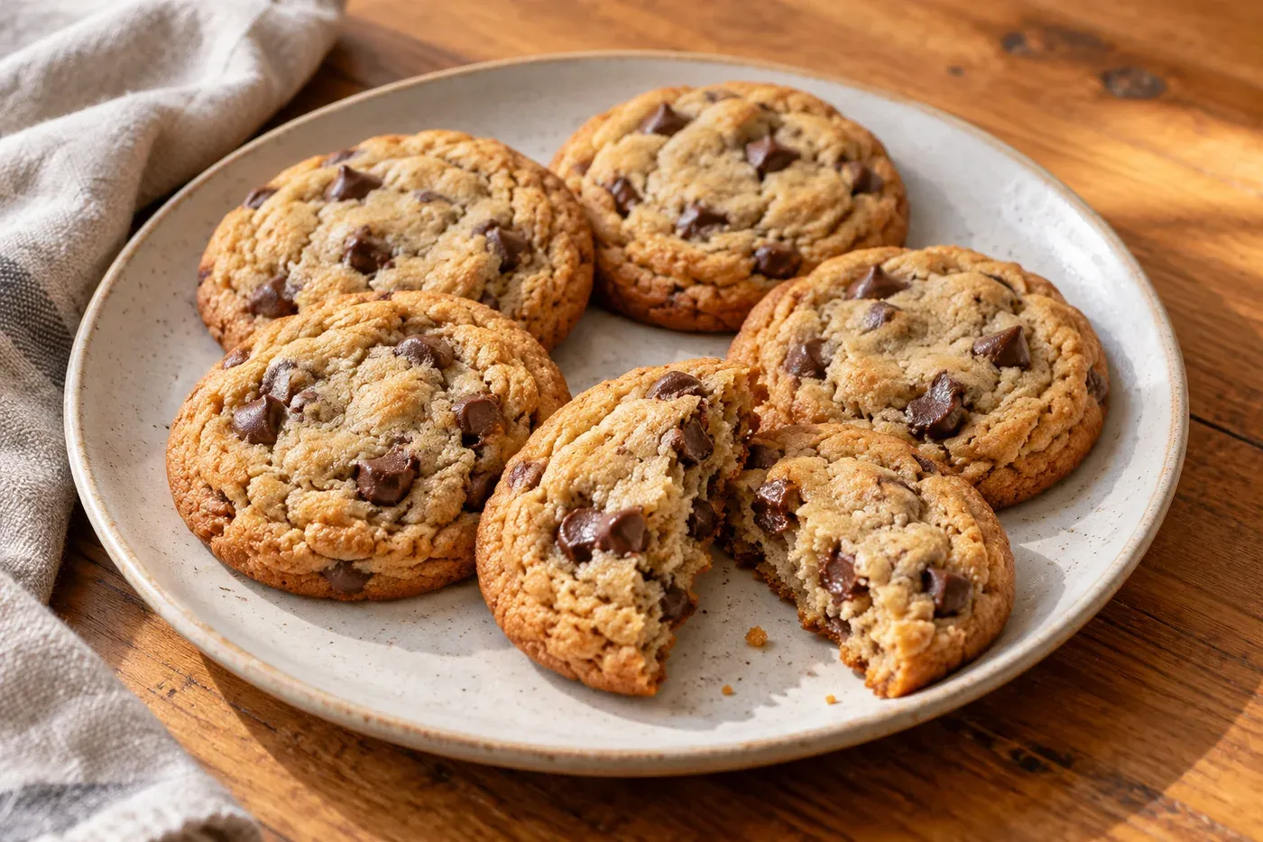 Golden chocolate chip cookies with a broken cookie showing the baked center