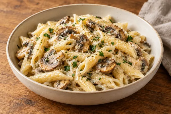 Penne in a cream sauce with browned mushroom slices and parsley