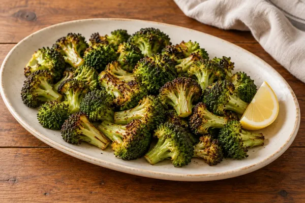 Broccoli florets with browned tips and a lemon wedge