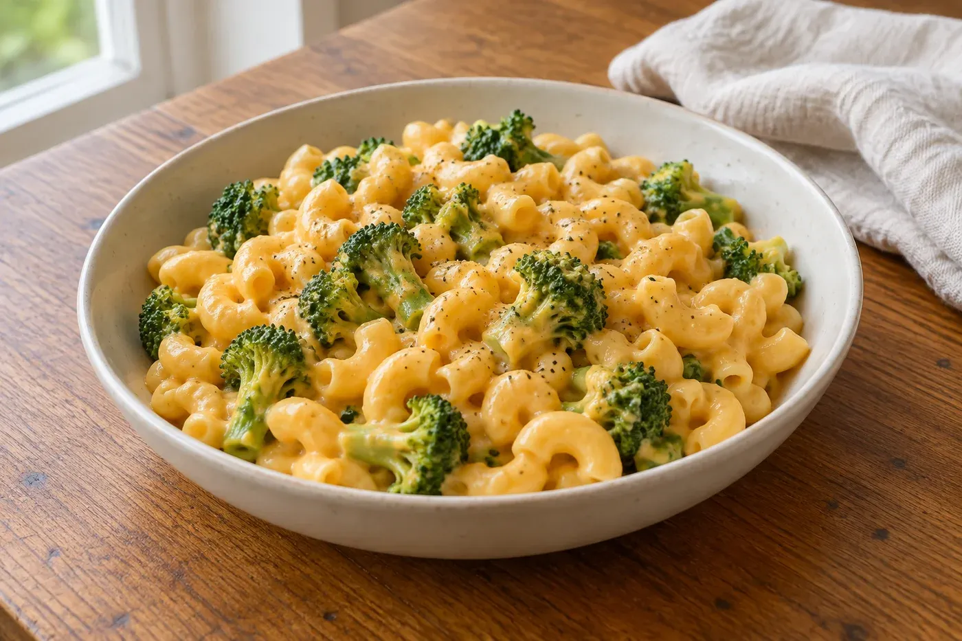 Creamy macaroni and broccoli in a bowl
