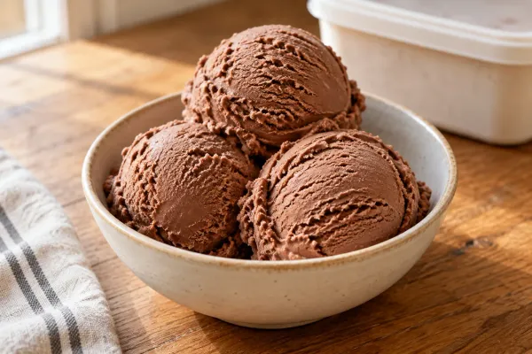 Three scoops of plain chocolate ice cream in a cream bowl