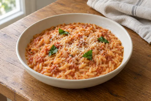 Creamy tomato orzo with fresh herbs in a pot