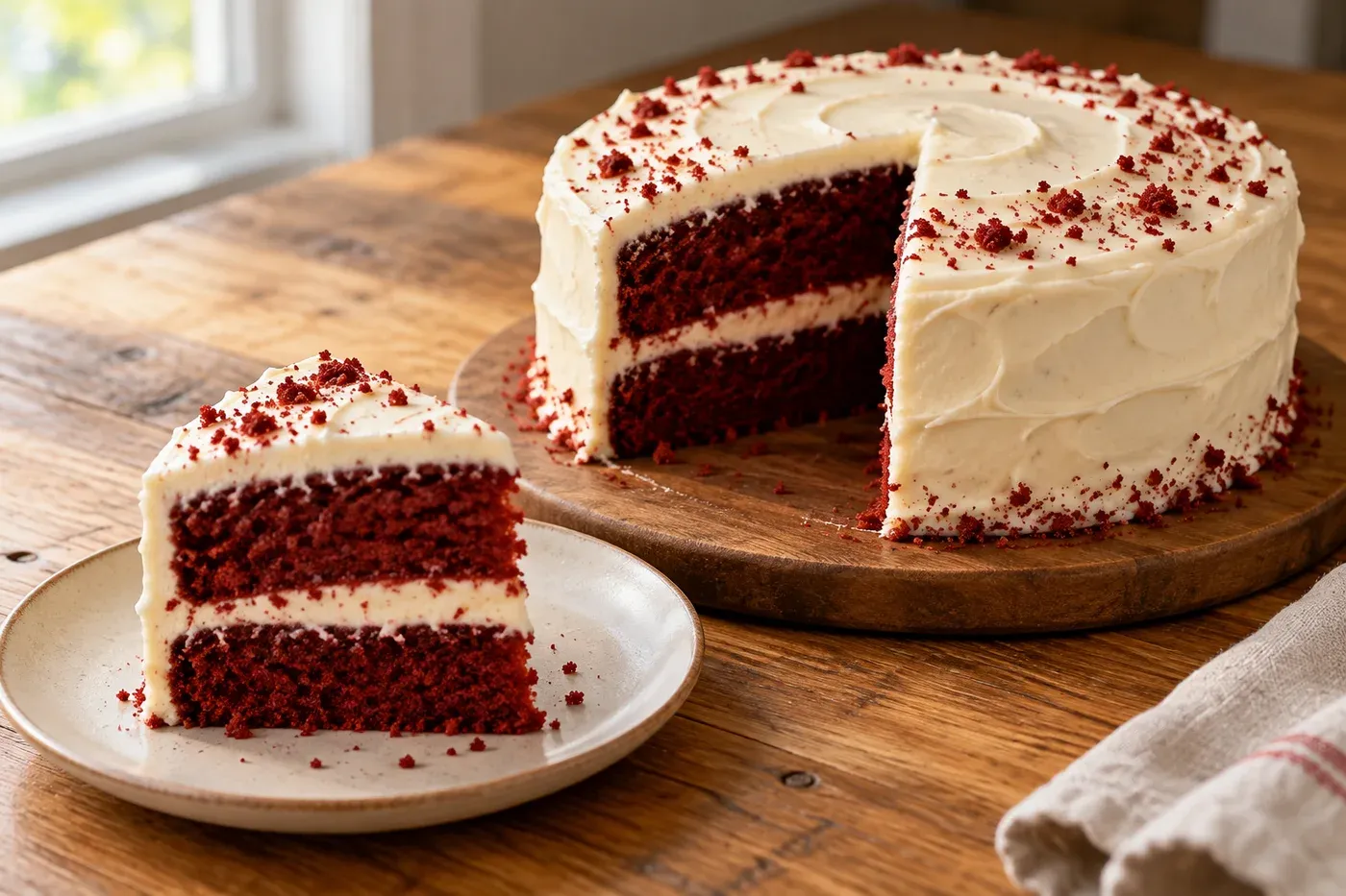 Two layer red velvet cake with white cream cheese frosting and a slice on a plate