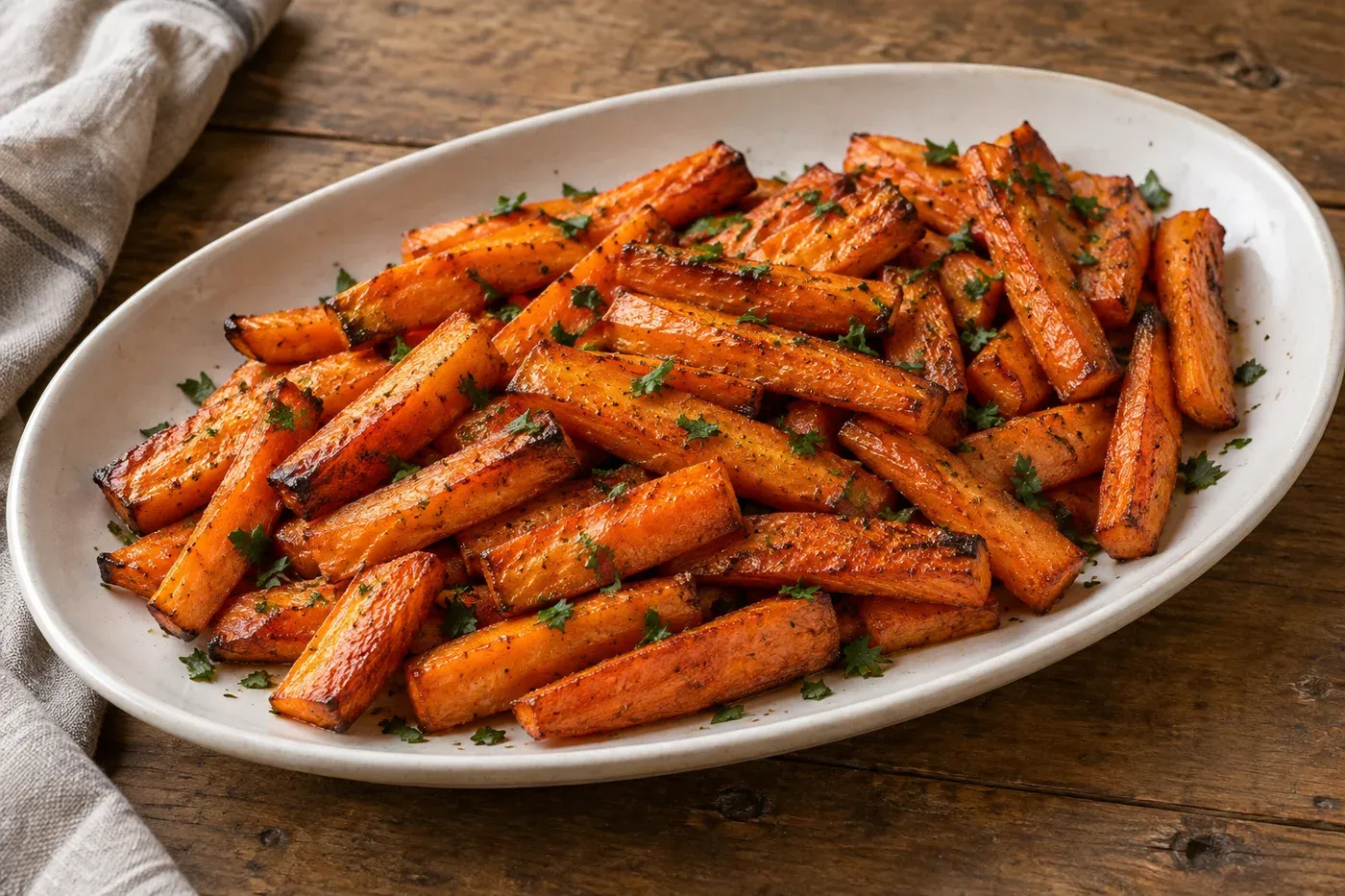 Roasted carrot batons with browned edges and chopped parsley on a platter