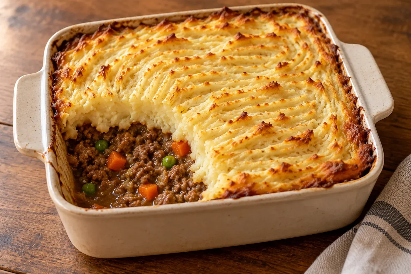 Mashed potato topped lamb pie with peas and carrots visible in the filling