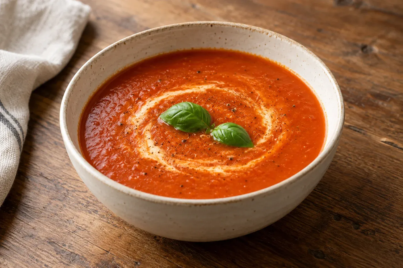 Smooth tomato soup with a light cream swirl and basil in a bowl