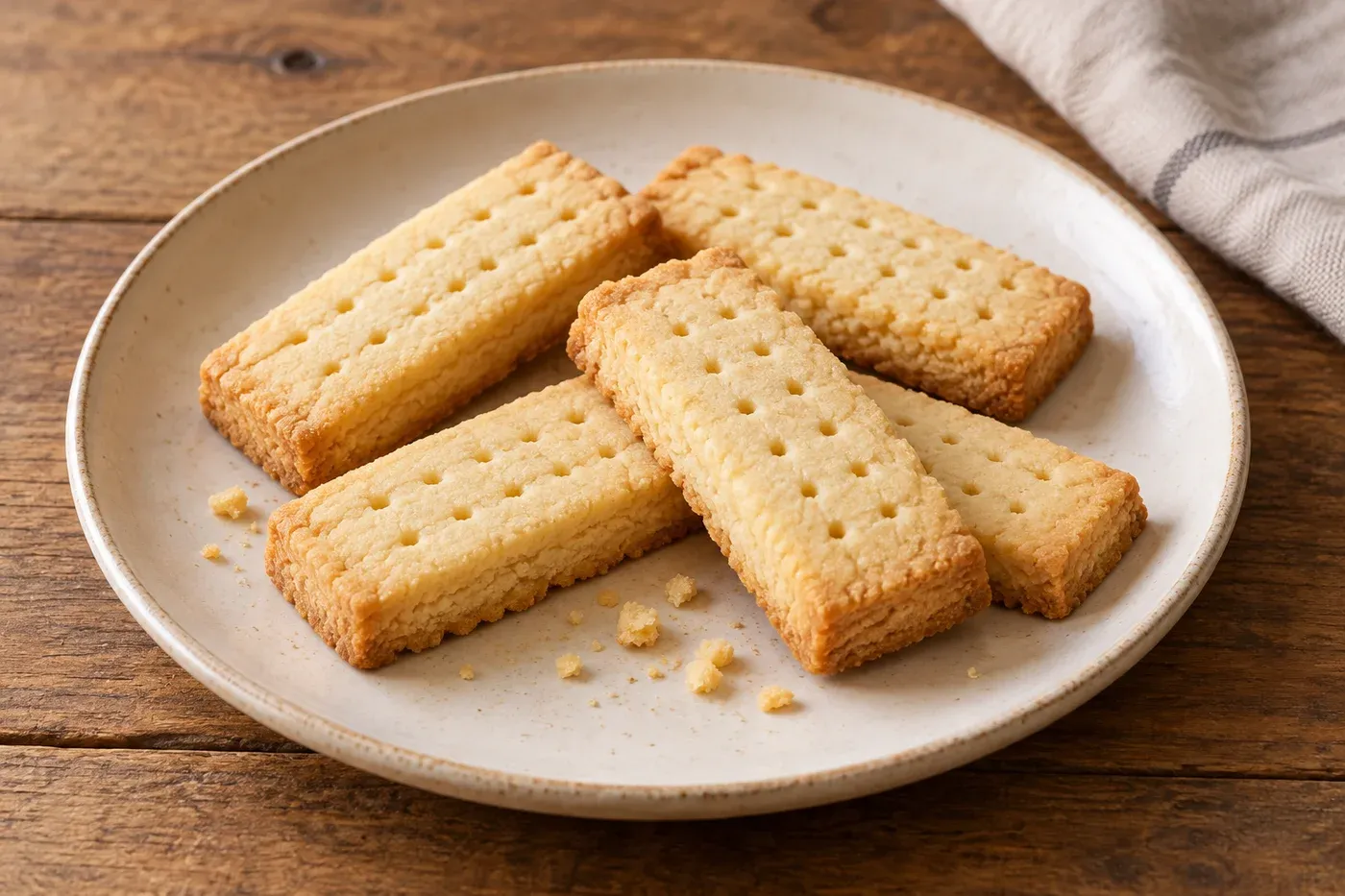 Pale golden shortbread fingers with fork prick marks on a plate